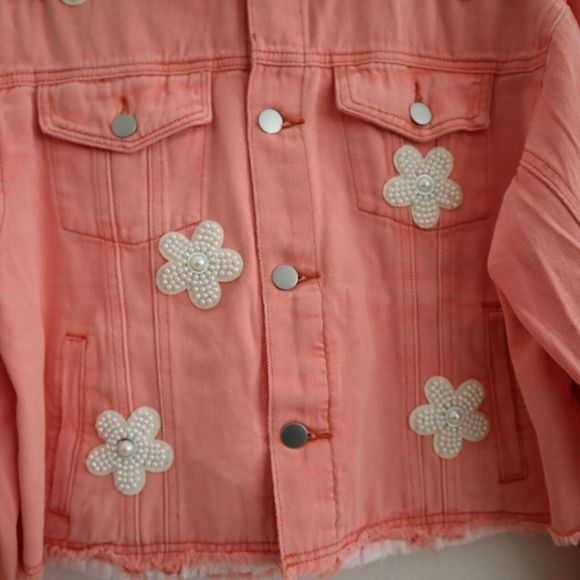 POL SMJ302A Women's Sz Medium Neon Papaya Beaded Pearl Daisy Denim Jacket - Picture 5 of 10